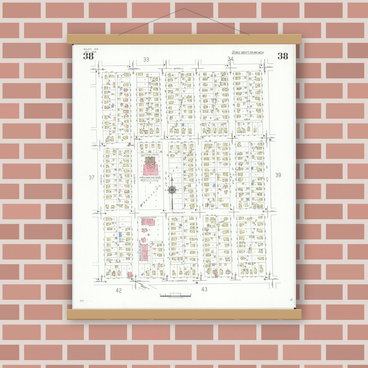 Old map wall art mockup — magnetic wood frame on brick wall — Sanborn Fire Insurance Map from Beloit, Rock County, Wisconsin (1939), Sheet #0038