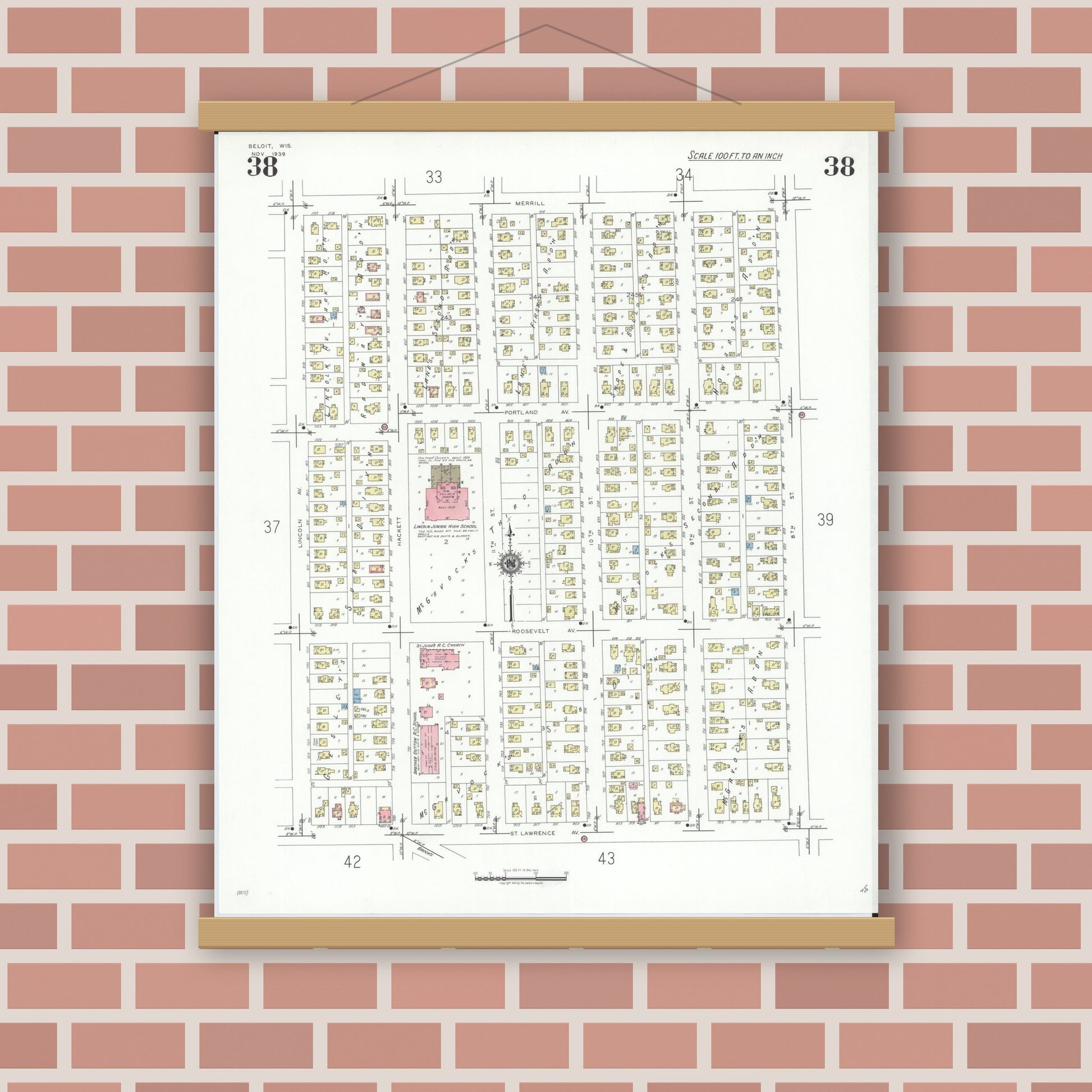 Old map wall art mockup — magnetic wood frame on brick wall — Sanborn Fire Insurance Map from Beloit, Rock County, Wisconsin (1939), Sheet #0038