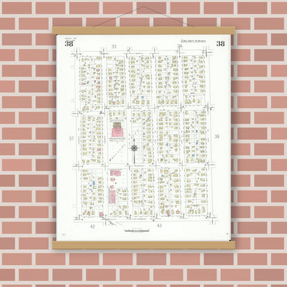 Old map wall art mockup — magnetic wood frame on brick wall — Sanborn Fire Insurance Map from Beloit, Rock County, Wisconsin (1939), Sheet #0038