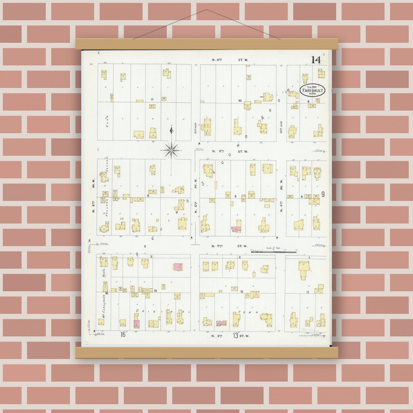 Old map wall art mockup — magnetic wood frame on brick wall — Sanborn Fire Insurance Map from Faribault, Rice County, Minnesota (1909), Sheet #0014