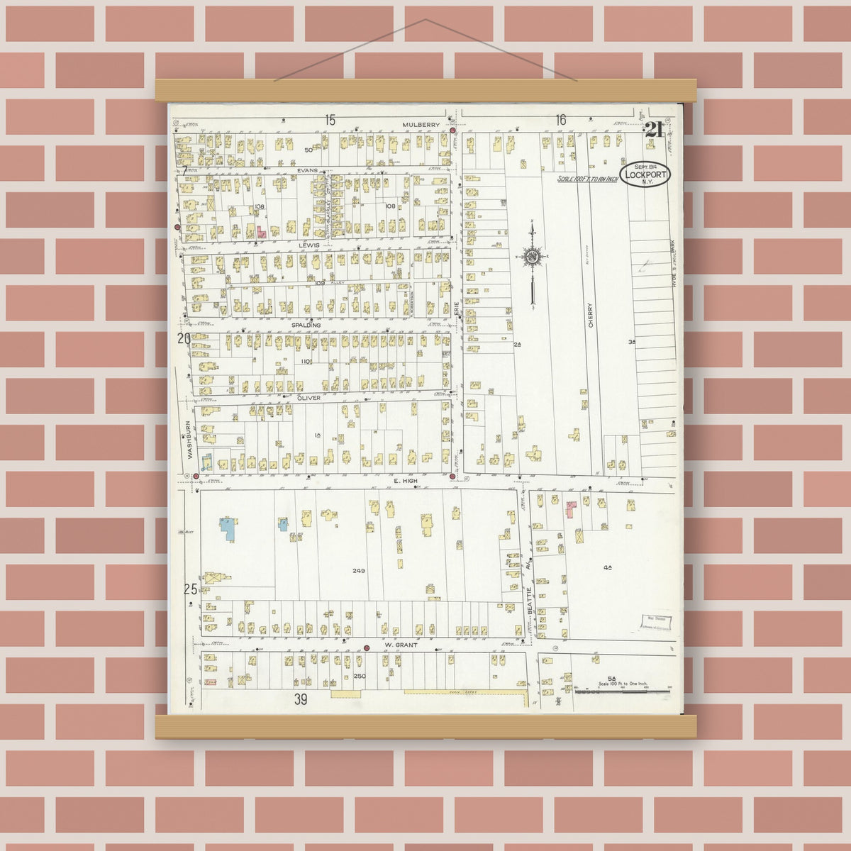 Old map wall art mockup — magnetic wood frame on brick wall — Sanborn Fire Insurance Map from Lockport, Niagara County, New York (1914), Sheet #0021