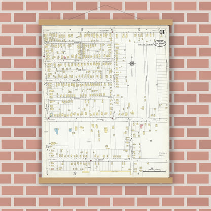 Old map wall art mockup — magnetic wood frame on brick wall — Sanborn Fire Insurance Map from Lockport, Niagara County, New York (1914), Sheet #0021
