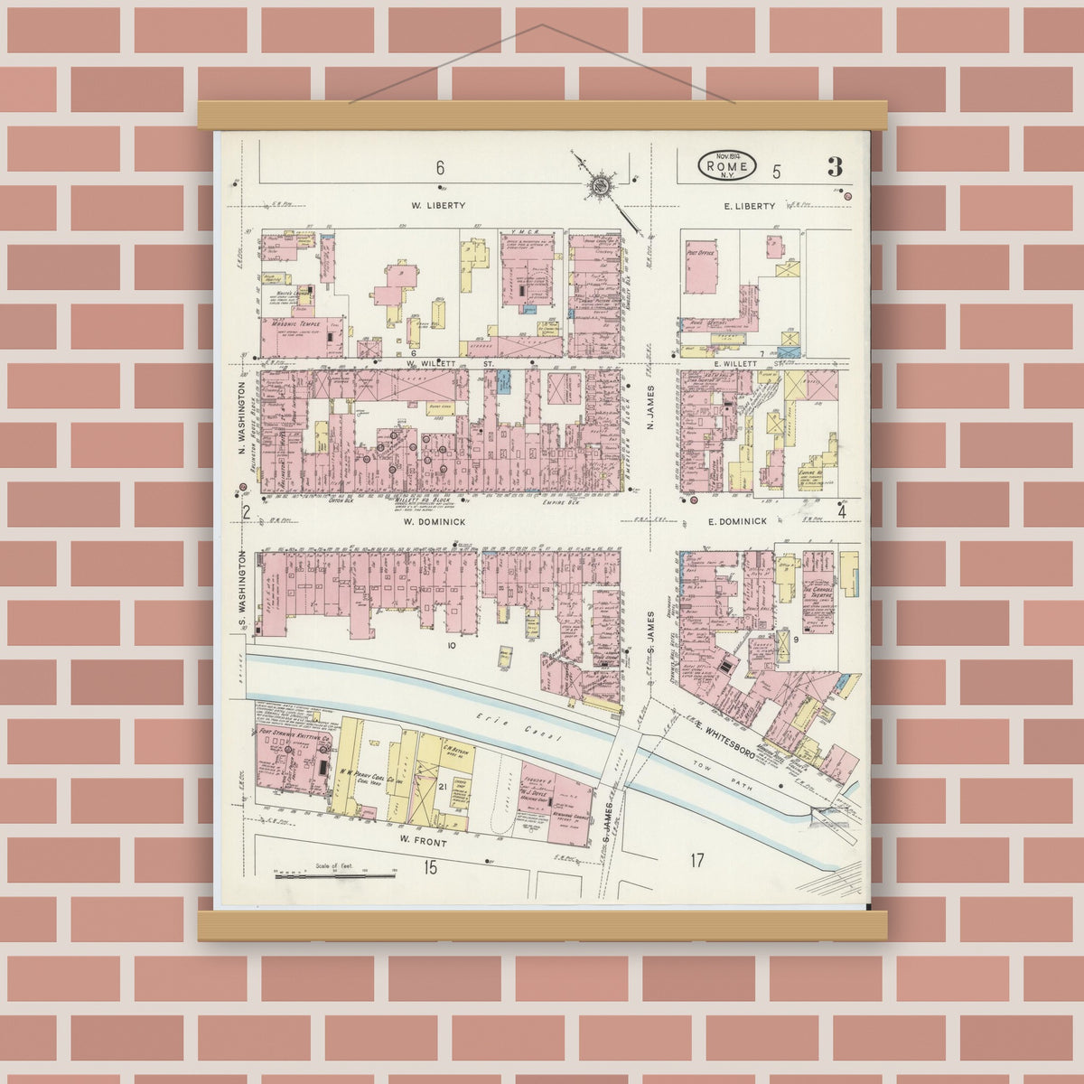 Old map wall art mockup — magnetic wood frame on brick wall — Sanborn Fire Insurance Map from Rome, Oneida County, New York (1914), Sheet #0003