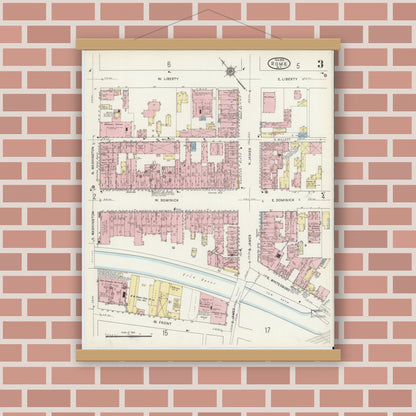 Old map wall art mockup — magnetic wood frame on brick wall — Sanborn Fire Insurance Map from Rome, Oneida County, New York (1914), Sheet #0003
