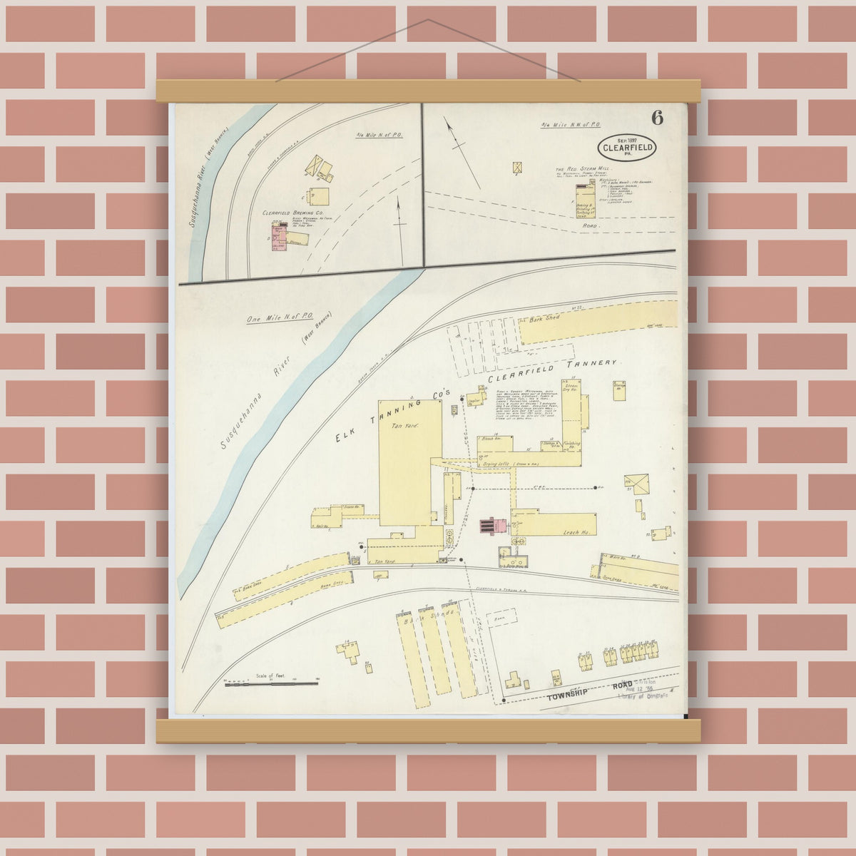 Old map wall art mockup — magnetic wood frame on brick wall — Sanborn Fire Insurance Map from Clearfield, Clearfield County, Pennsylvania (1897), Sheet #0006