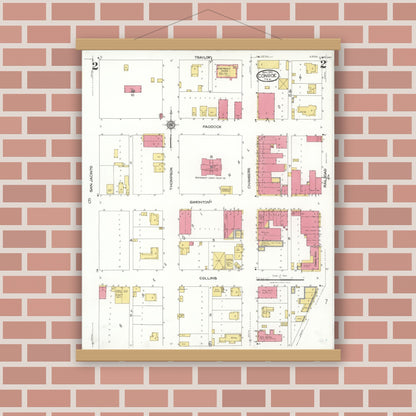 Old map wall art mockup — magnetic wood frame on brick wall — Sanborn Fire Insurance Map from Conroe, Montgomery County, Texas (1923), Sheet #0002
