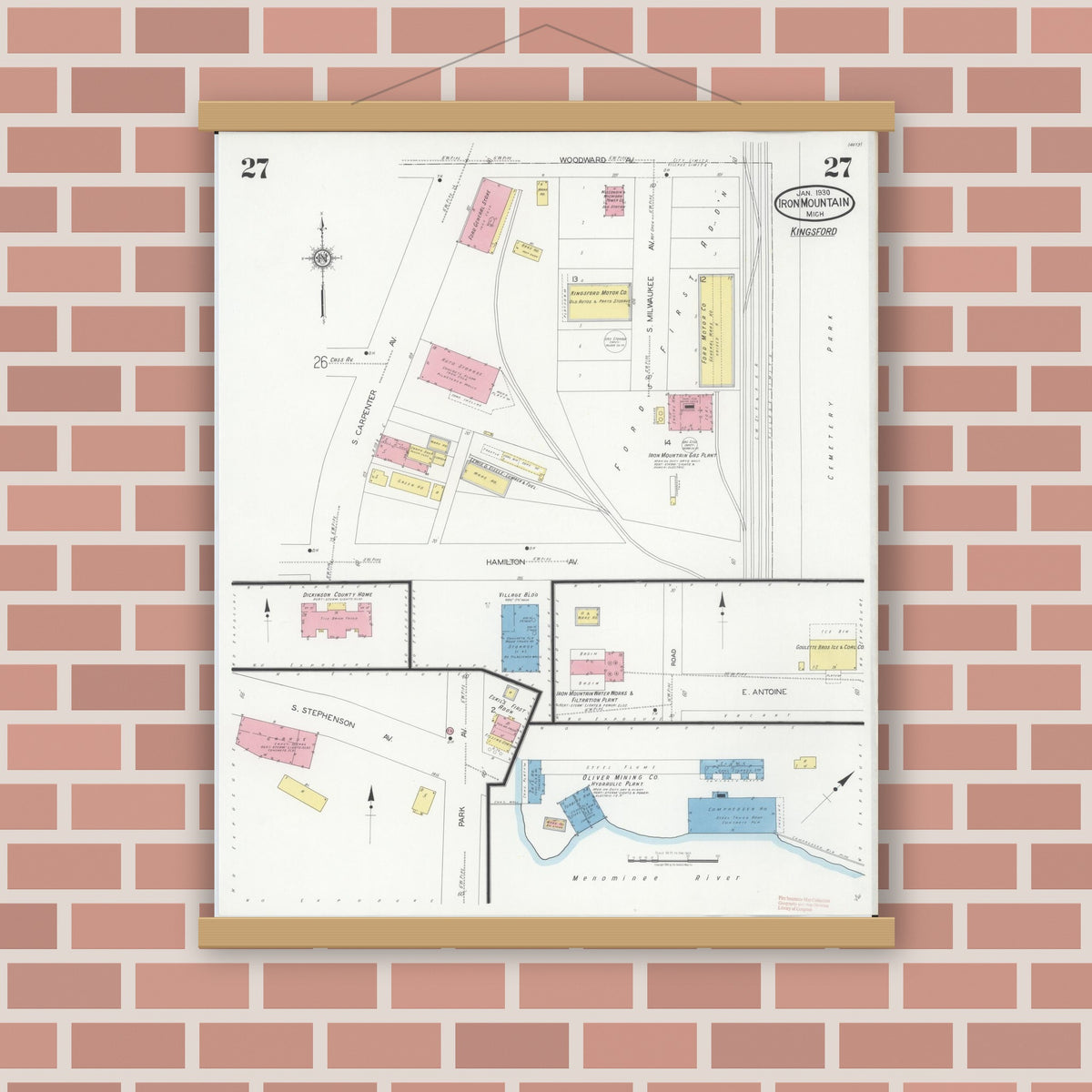 Old map wall art mockup — magnetic wood frame on brick wall — Sanborn Fire Insurance Map from Iron Mountain, Dickinson County, Michigan (1930), Sheet #0027
