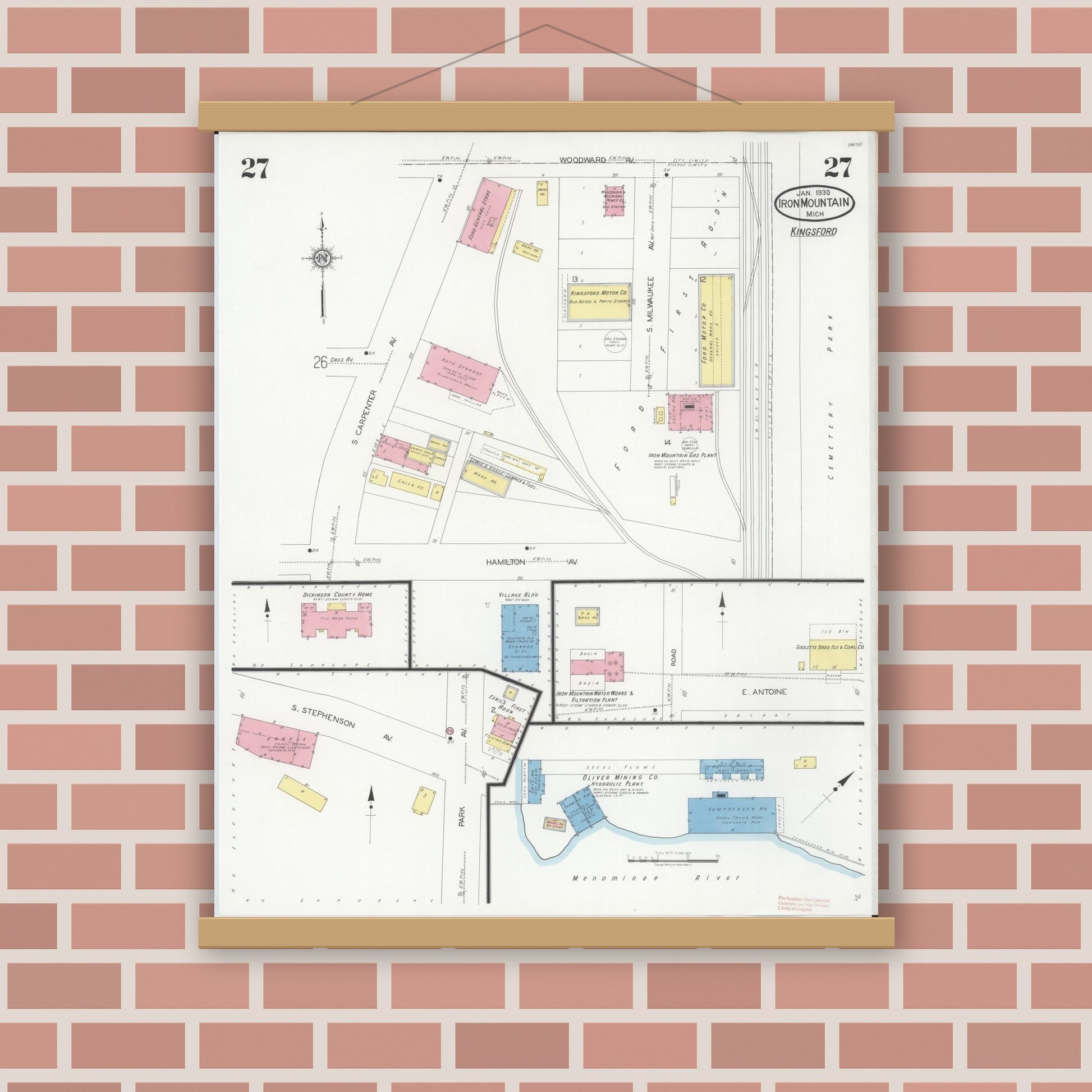 Old map wall art mockup — magnetic wood frame on brick wall — Sanborn Fire Insurance Map from Iron Mountain, Dickinson County, Michigan (1930), Sheet #0027