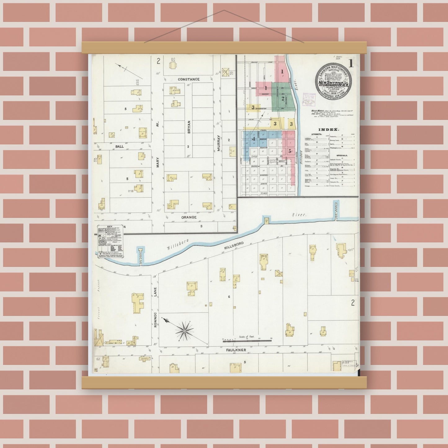 Old map wall art mockup — magnetic wood frame on brick wall — Sanborn Fire Insurance Map from New Smyrna, Valusia County, Florida (1906), Sheet #0001