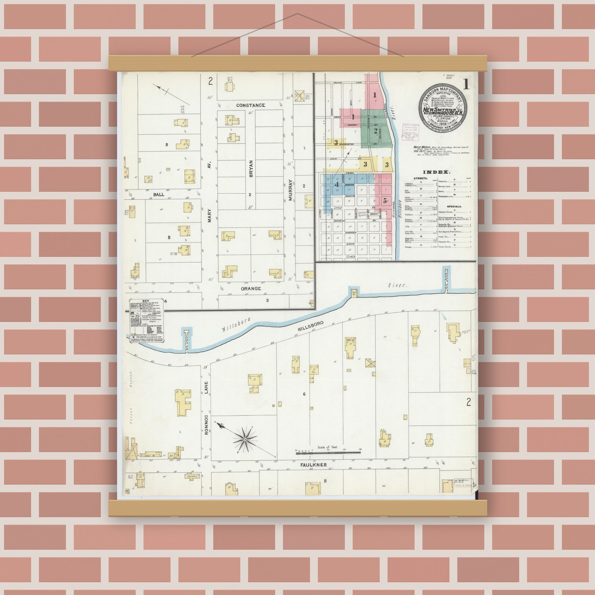 Old map wall art mockup — magnetic wood frame on brick wall — Sanborn Fire Insurance Map from New Smyrna, Valusia County, Florida (1906), Sheet #0001