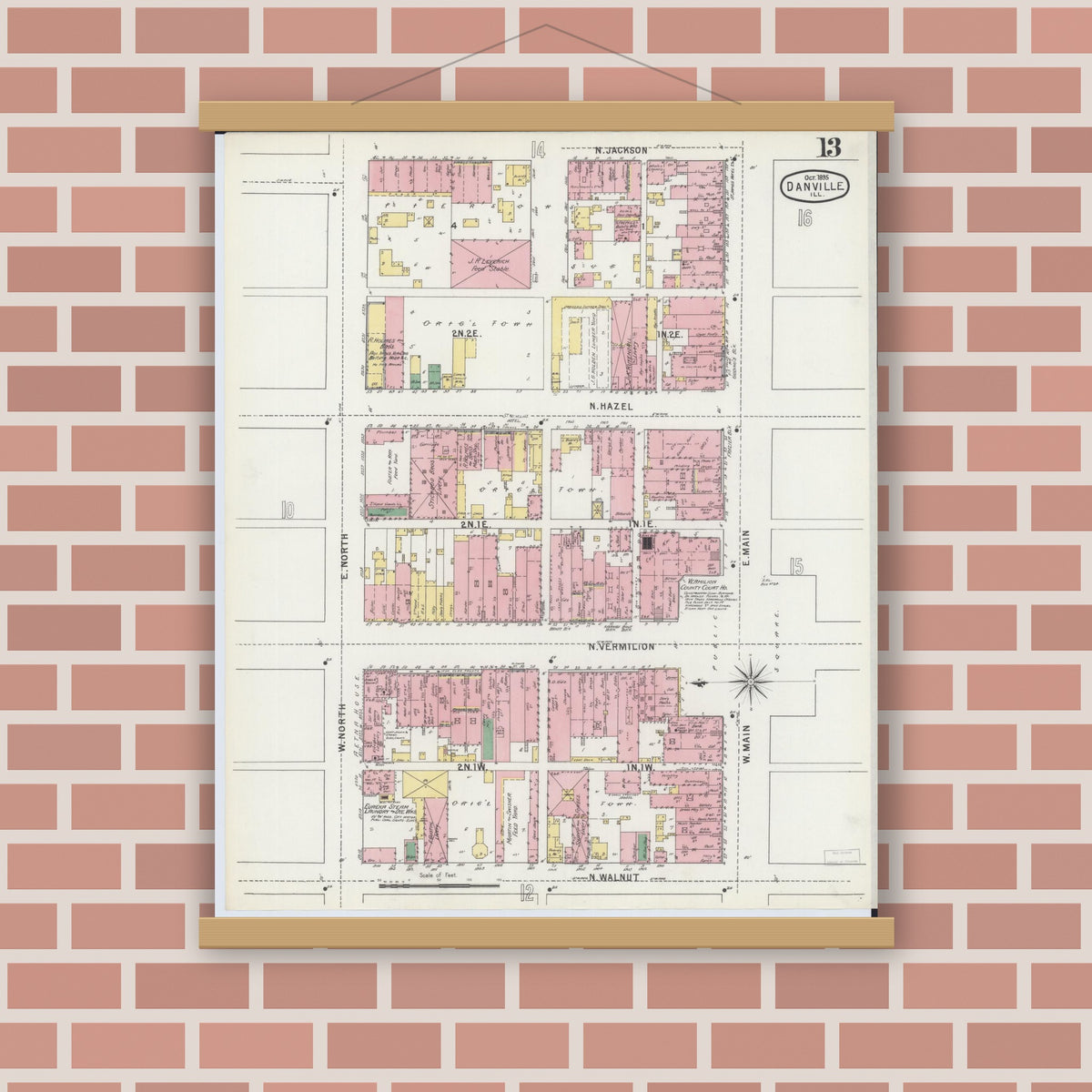 Old map wall art mockup — magnetic wood frame on brick wall — Sanborn Fire Insurance Map from Danville, Vermilion County, Illinois (1895), Sheet #0013