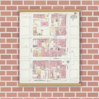 Old map wall art mockup — magnetic wood frame on brick wall — Sanborn Fire Insurance Map from Danville, Vermilion County, Illinois (1895), Sheet #0013