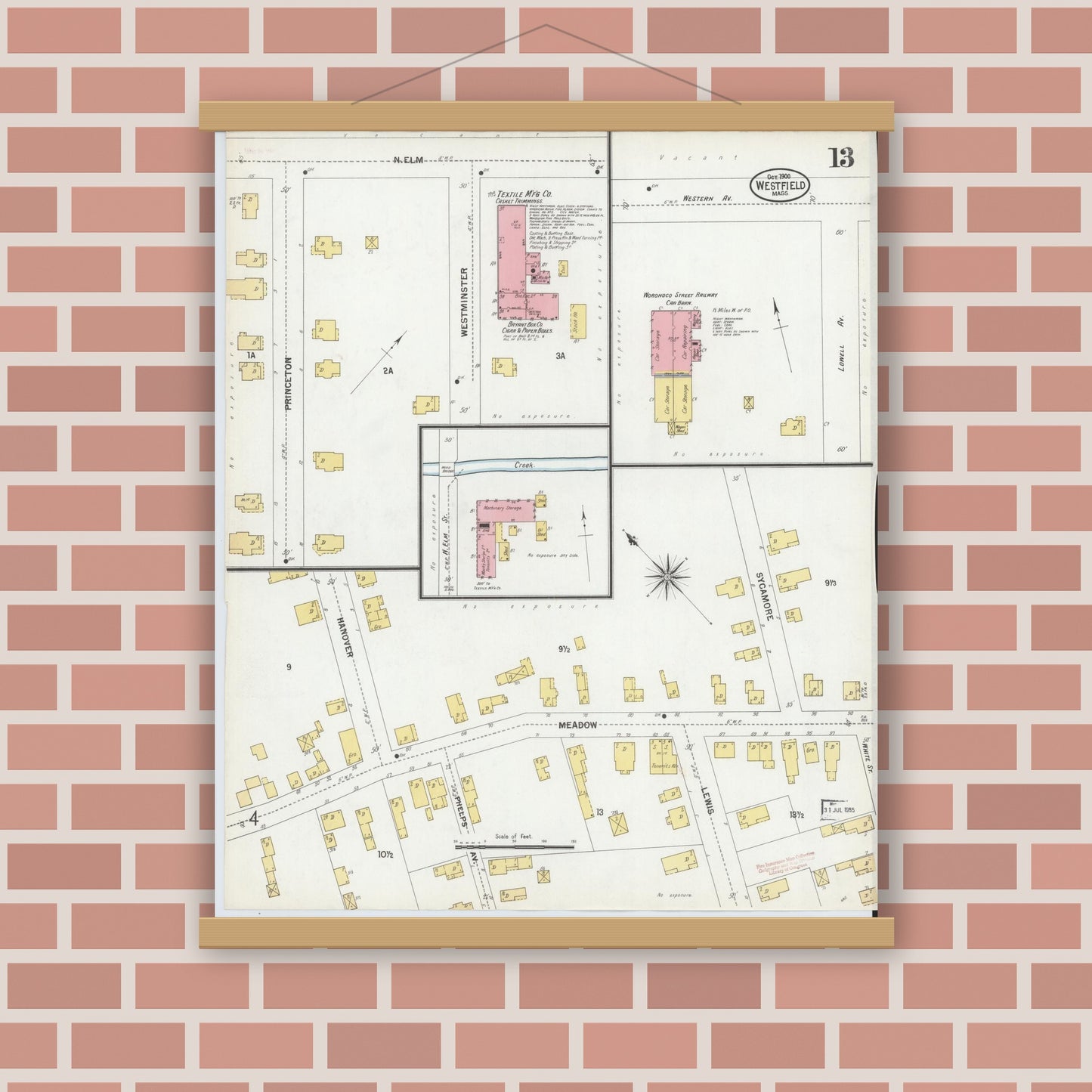 Old map wall art mockup — magnetic wood frame on brick wall — Sanborn Fire Insurance Map from Westfield, Hampden County, Massachusetts (1900), Sheet #0013