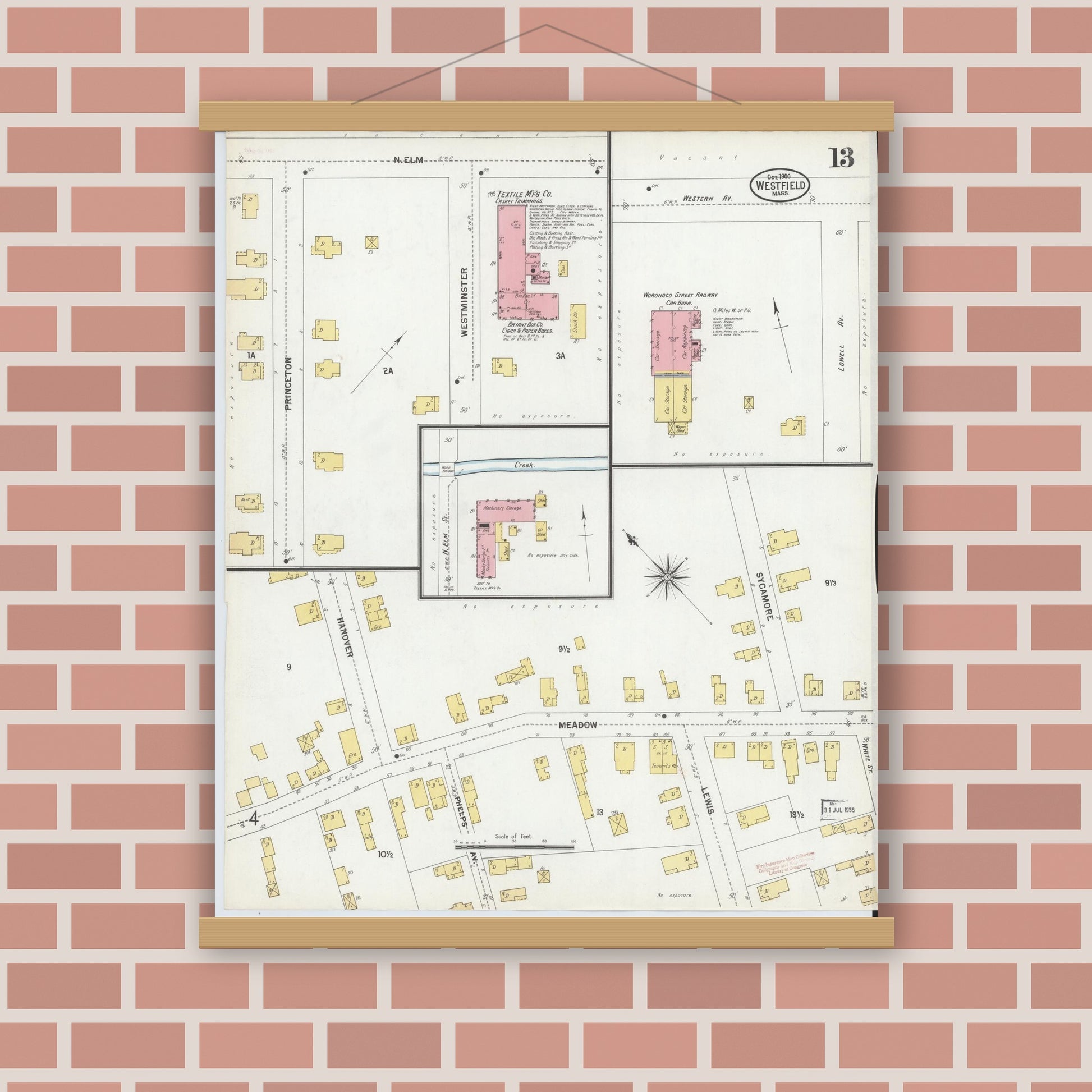 Old map wall art mockup — magnetic wood frame on brick wall — Sanborn Fire Insurance Map from Westfield, Hampden County, Massachusetts (1900), Sheet #0013