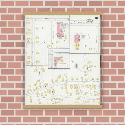 Old map wall art mockup — magnetic wood frame on brick wall — Sanborn Fire Insurance Map from Westfield, Hampden County, Massachusetts (1900), Sheet #0013