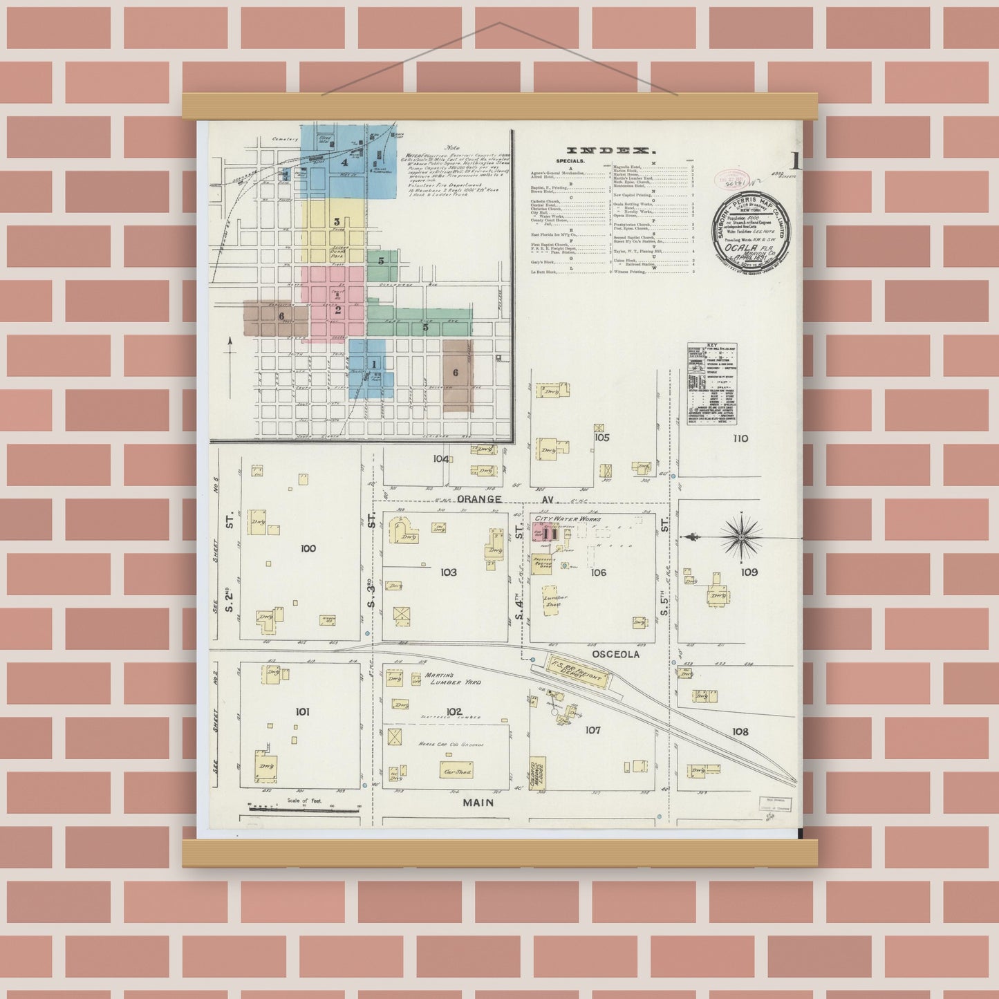 Old map wall art mockup — magnetic wood frame on brick wall — Sanborn Fire Insurance Map from Ocala, Marion County, Florida (1891), Sheet #0001