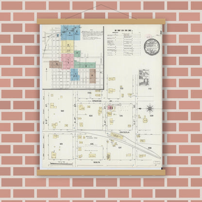 Old map wall art mockup — magnetic wood frame on brick wall — Sanborn Fire Insurance Map from Ocala, Marion County, Florida (1891), Sheet #0001