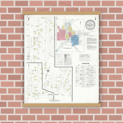 Old map wall art mockup — magnetic wood frame on brick wall — Sanborn Fire Insurance Map from Brighton, Livington County, Michigan (1938), Sheet #0001