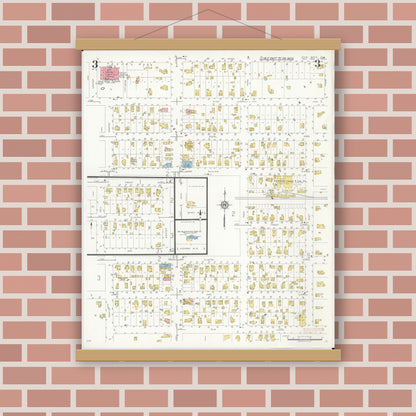 Old map wall art mockup — magnetic wood frame on brick wall — Sanborn Fire Insurance Map from Ovid, Clinton County, Michigan (1934), Sheet #0003