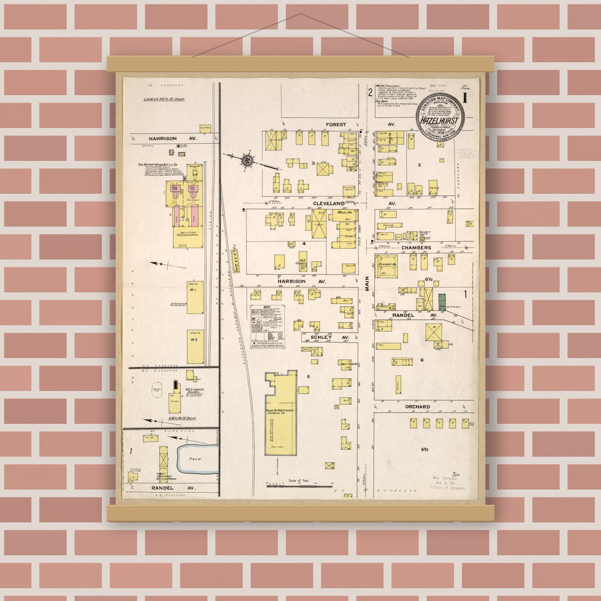Old map wall art mockup — magnetic wood frame on brick wall — Sanborn Fire Insurance Map from Hazelhurst, McKean County, Pennsylvania (1909), Sheet #0001