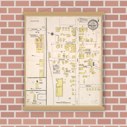 Old map wall art mockup — magnetic wood frame on brick wall — Sanborn Fire Insurance Map from Hazelhurst, McKean County, Pennsylvania (1909), Sheet #0001