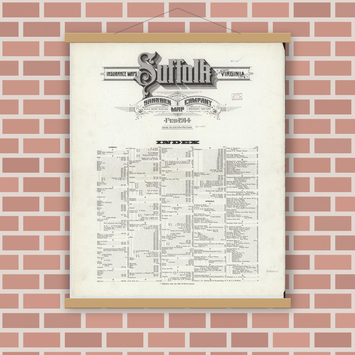 Old map wall art mockup — magnetic wood frame on brick wall — Sanborn Fire Insurance Map from Suffolk, Independent Cities, Virginia (1914), Sheet #0001