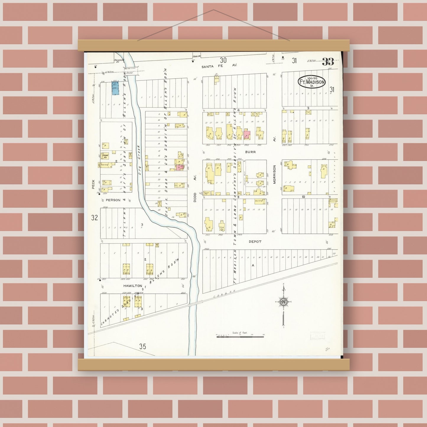 Old map wall art mockup — magnetic wood frame on brick wall — Sanborn Fire Insurance Map from Fort Madison, Lee County, Iowa (1913), Sheet #0033