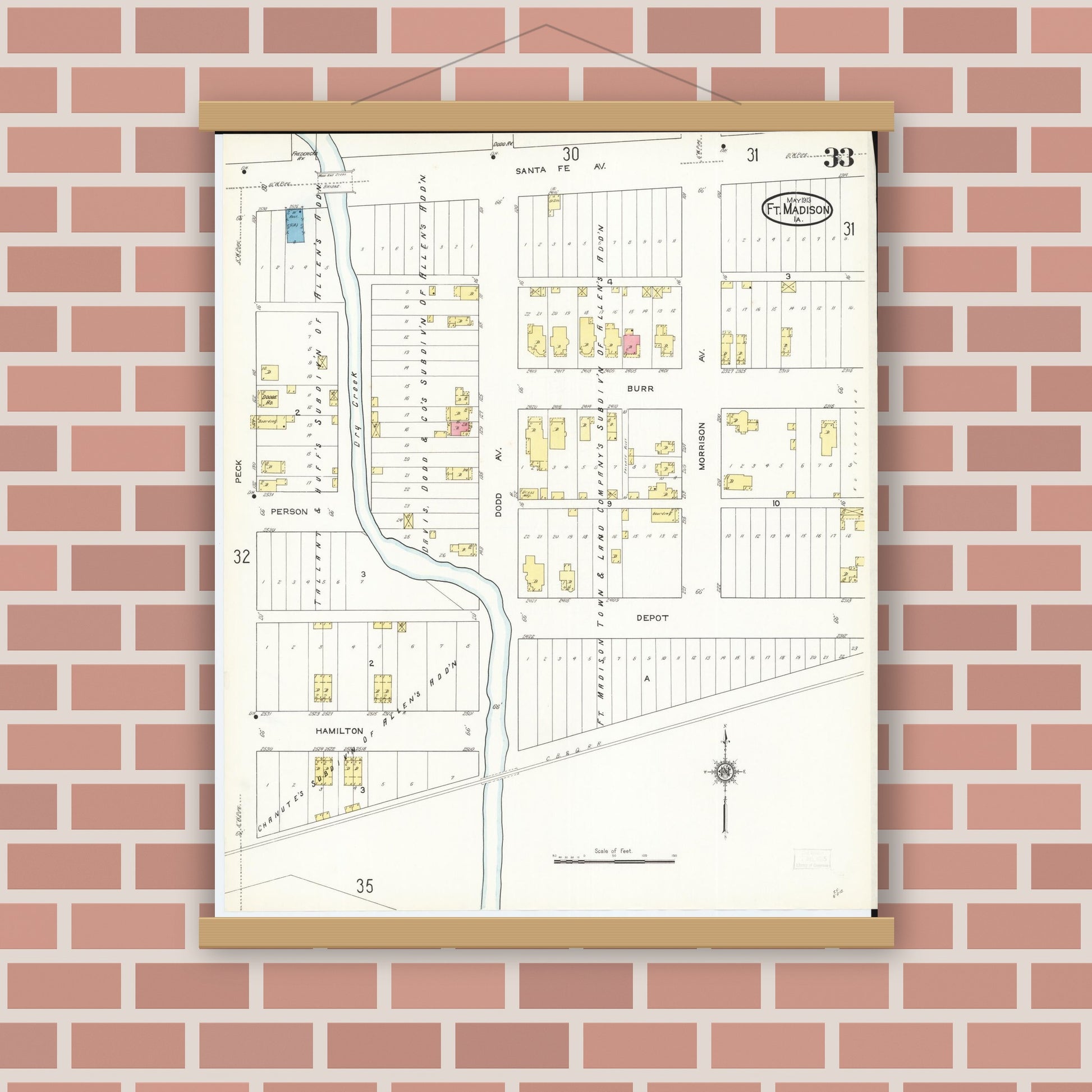 Old map wall art mockup — magnetic wood frame on brick wall — Sanborn Fire Insurance Map from Fort Madison, Lee County, Iowa (1913), Sheet #0033