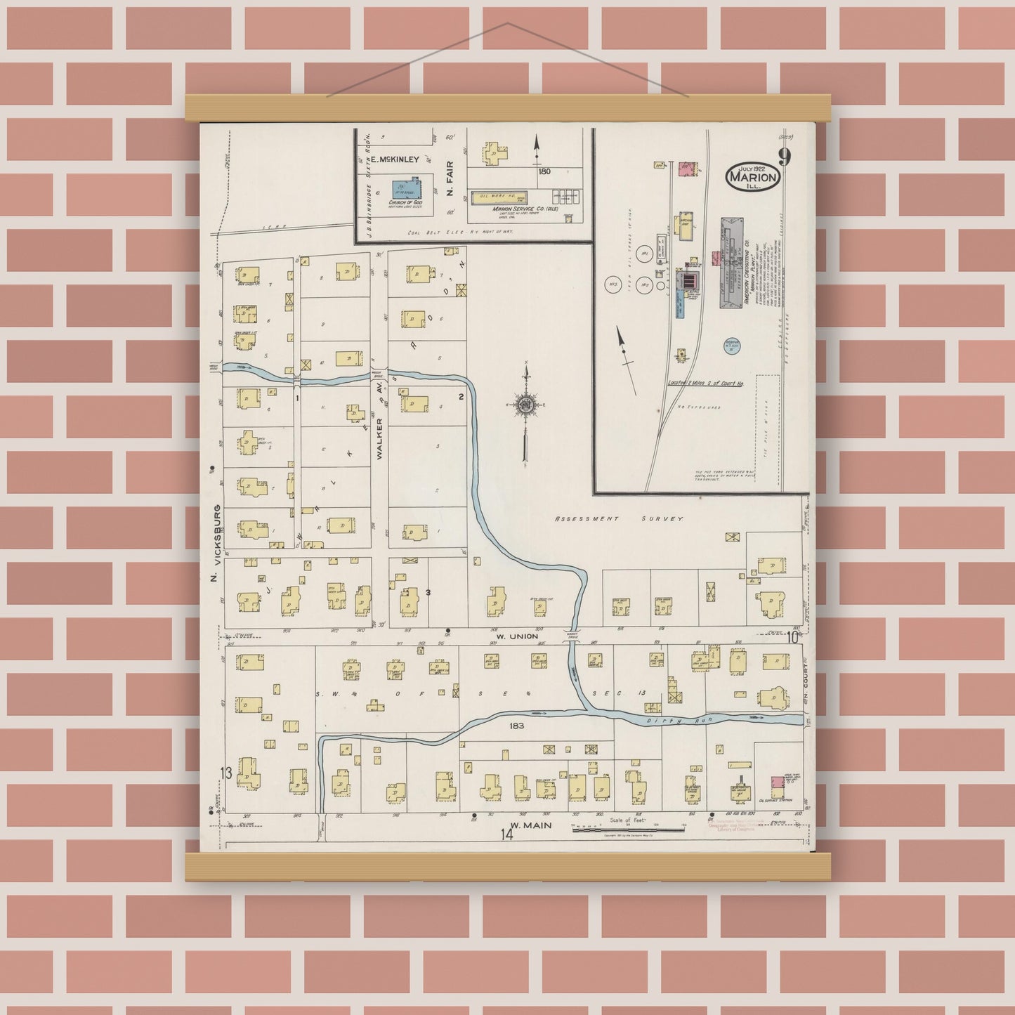 Old map wall art mockup — magnetic wood frame on brick wall — Sanborn Fire Insurance Map from Marion, Williamson County, Illinois (1922), Sheet #0009