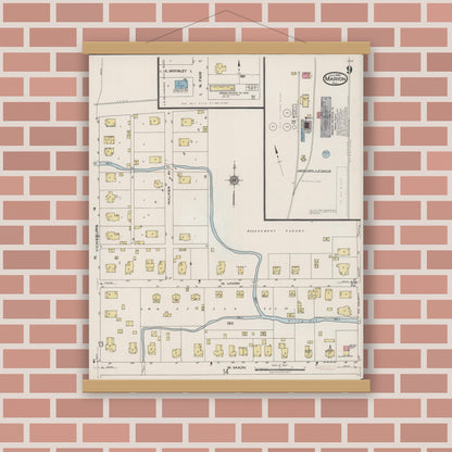 Old map wall art mockup — magnetic wood frame on brick wall — Sanborn Fire Insurance Map from Marion, Williamson County, Illinois (1922), Sheet #0009