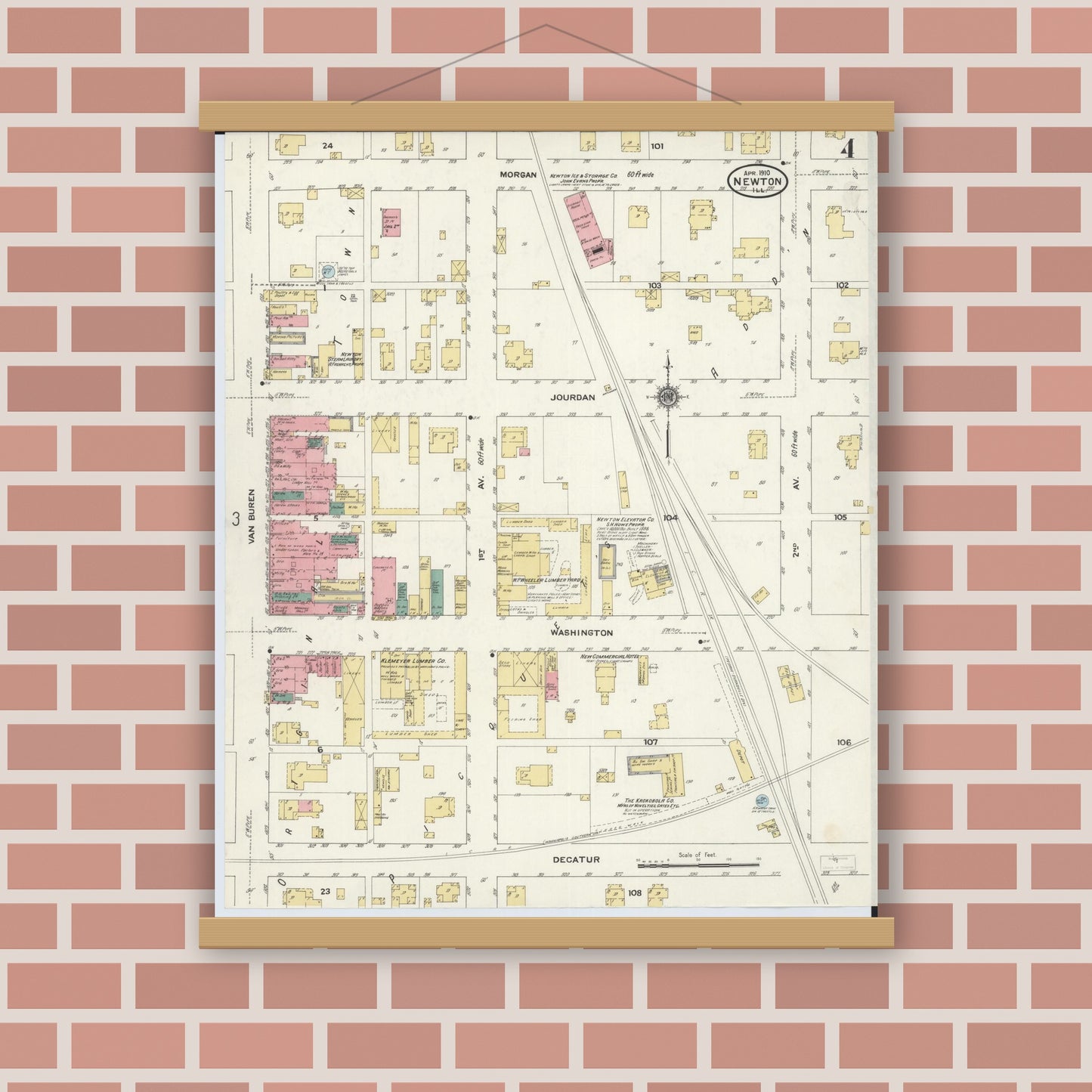 Old map wall art mockup — magnetic wood frame on brick wall — Sanborn Fire Insurance Map from Newton, Jasper County, Illinois (1910), Sheet #0004