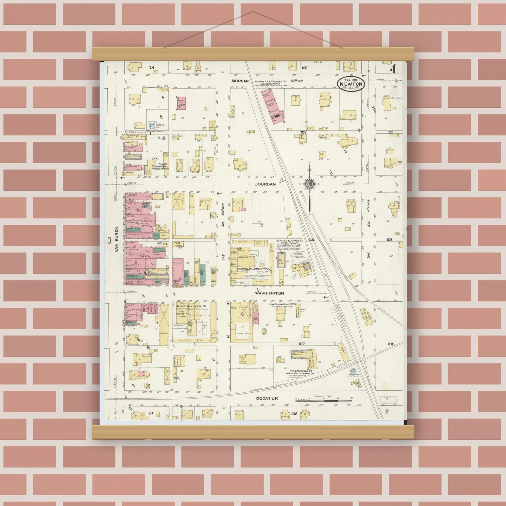 Old map wall art mockup — magnetic wood frame on brick wall — Sanborn Fire Insurance Map from Newton, Jasper County, Illinois (1910), Sheet #0004