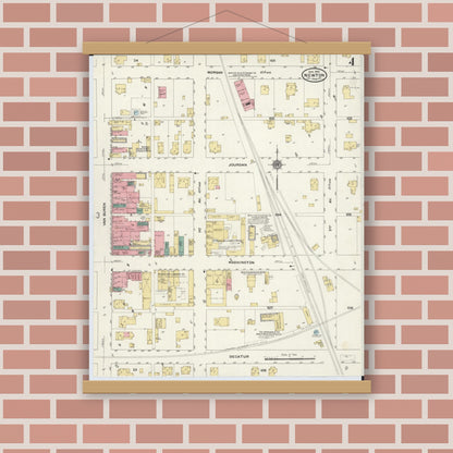 Old map wall art mockup — magnetic wood frame on brick wall — Sanborn Fire Insurance Map from Newton, Jasper County, Illinois (1910), Sheet #0004