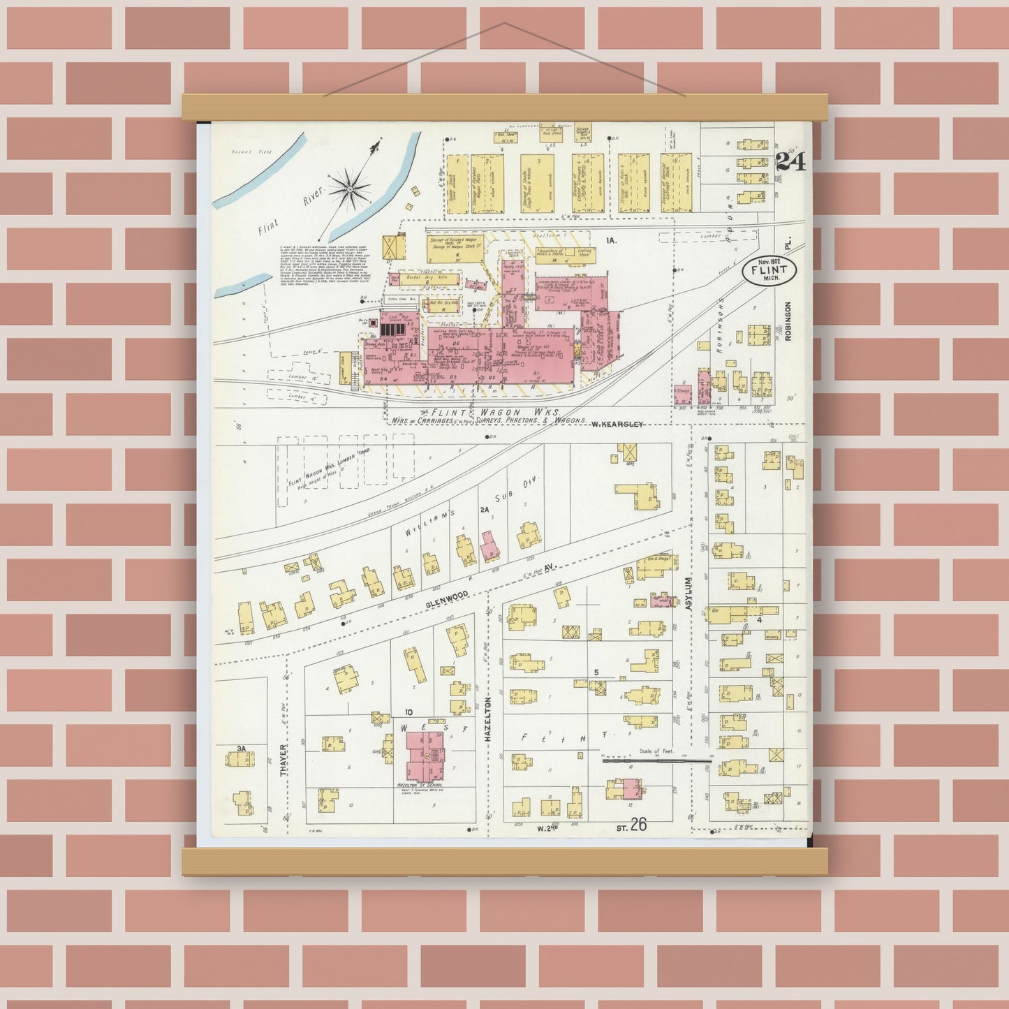 Old map wall art mockup — magnetic wood frame on brick wall — Sanborn Fire Insurance Map from Flint, Genesee County, Michigan (1902), Sheet #0024