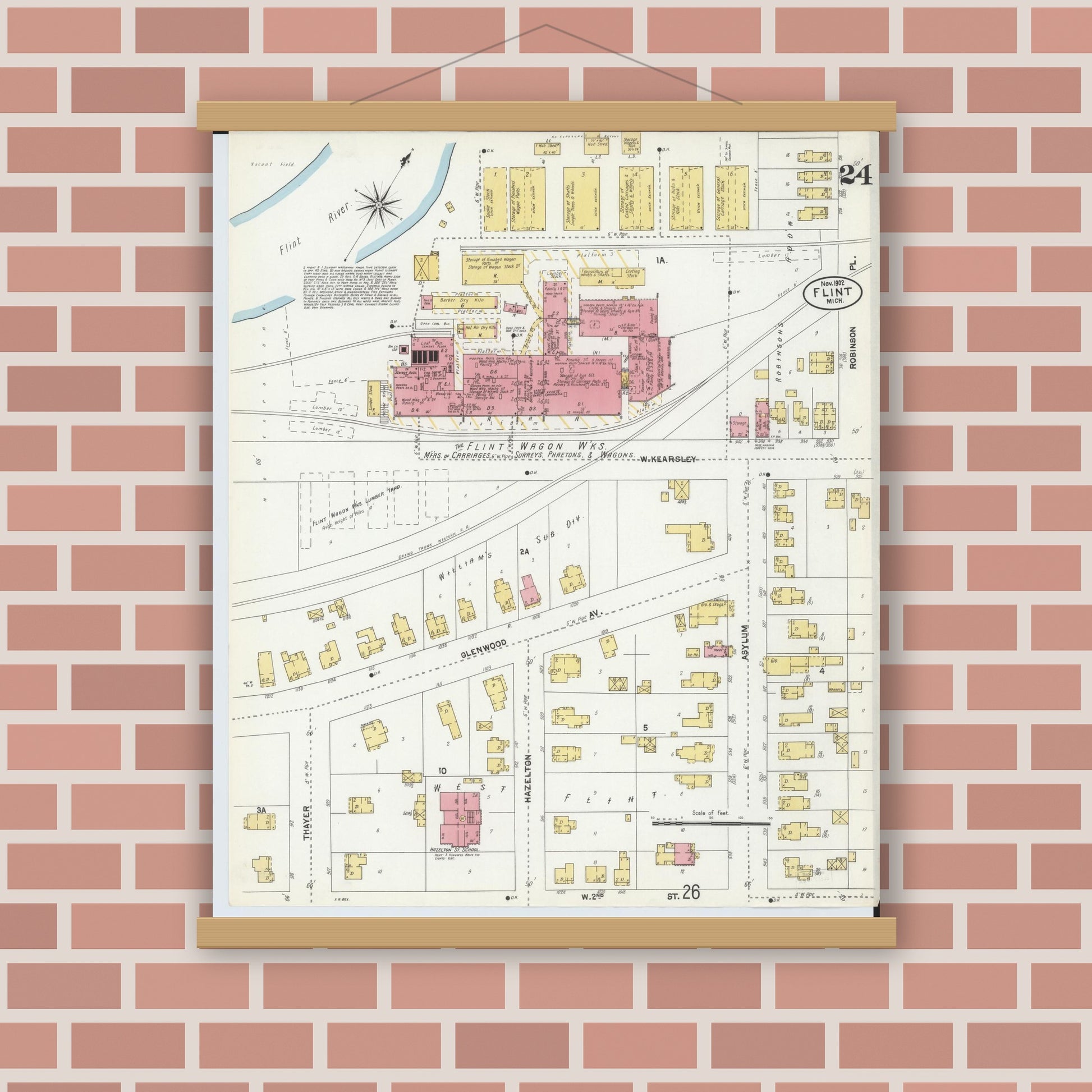 Old map wall art mockup — magnetic wood frame on brick wall — Sanborn Fire Insurance Map from Flint, Genesee County, Michigan (1902), Sheet #0024