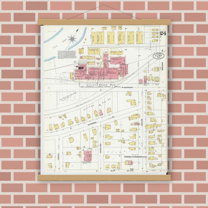 Old map wall art mockup — magnetic wood frame on brick wall — Sanborn Fire Insurance Map from Flint, Genesee County, Michigan (1902), Sheet #0024