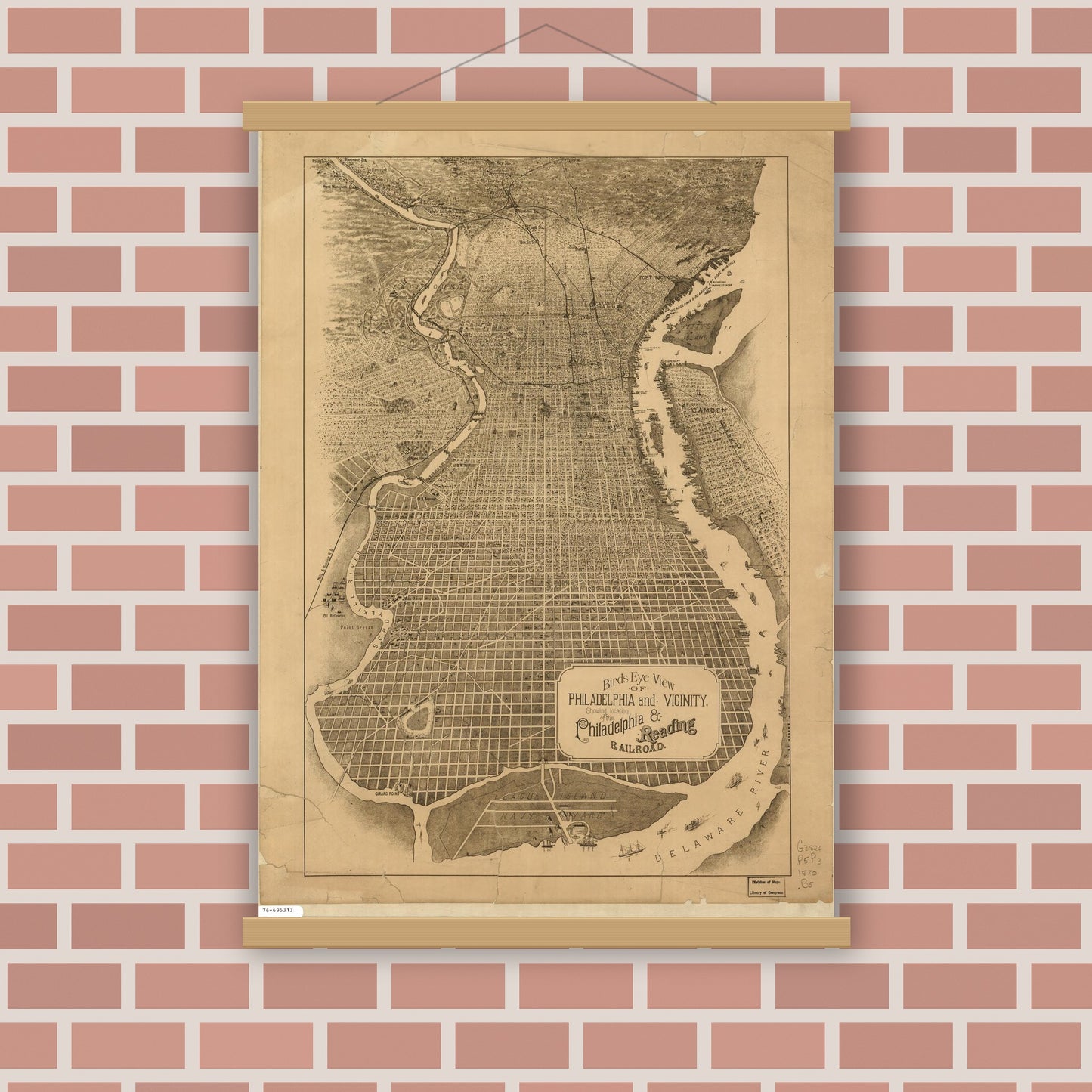 Old map wall art mockup — magnetic wood frame on brick wall — Birds eye view of Philadelphia and vicinity showing location of the Philadelphia & Reading Railroad. (1870)