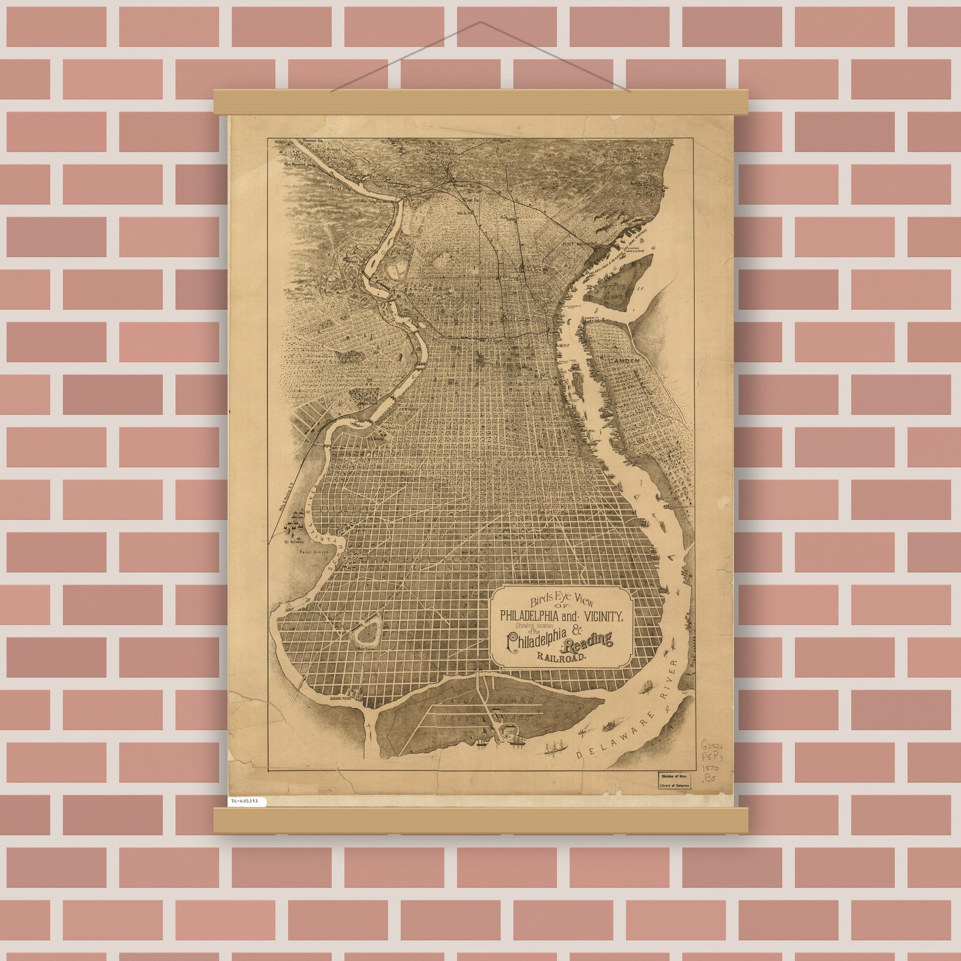 Old map wall art mockup — magnetic wood frame on brick wall — Birds eye view of Philadelphia and vicinity showing location of the Philadelphia & Reading Railroad. (1870)