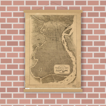 Old map wall art mockup — magnetic wood frame on brick wall — Birds eye view of Philadelphia and vicinity showing location of the Philadelphia & Reading Railroad. (1870)