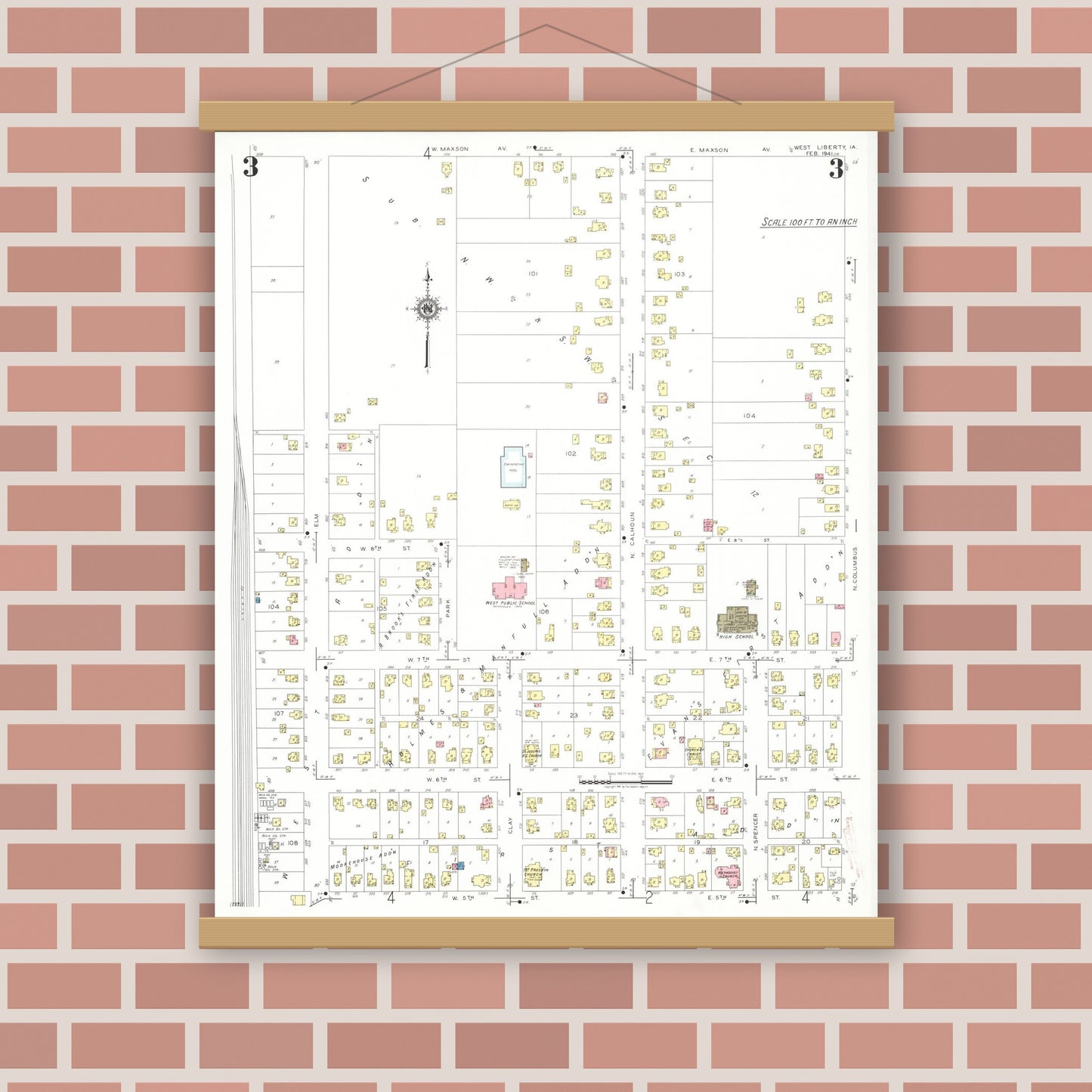 Old map wall art mockup — magnetic wood frame on brick wall — Sanborn Fire Insurance Map from West Liberty, Muscatine County, Iowa (1941), Sheet #0003
