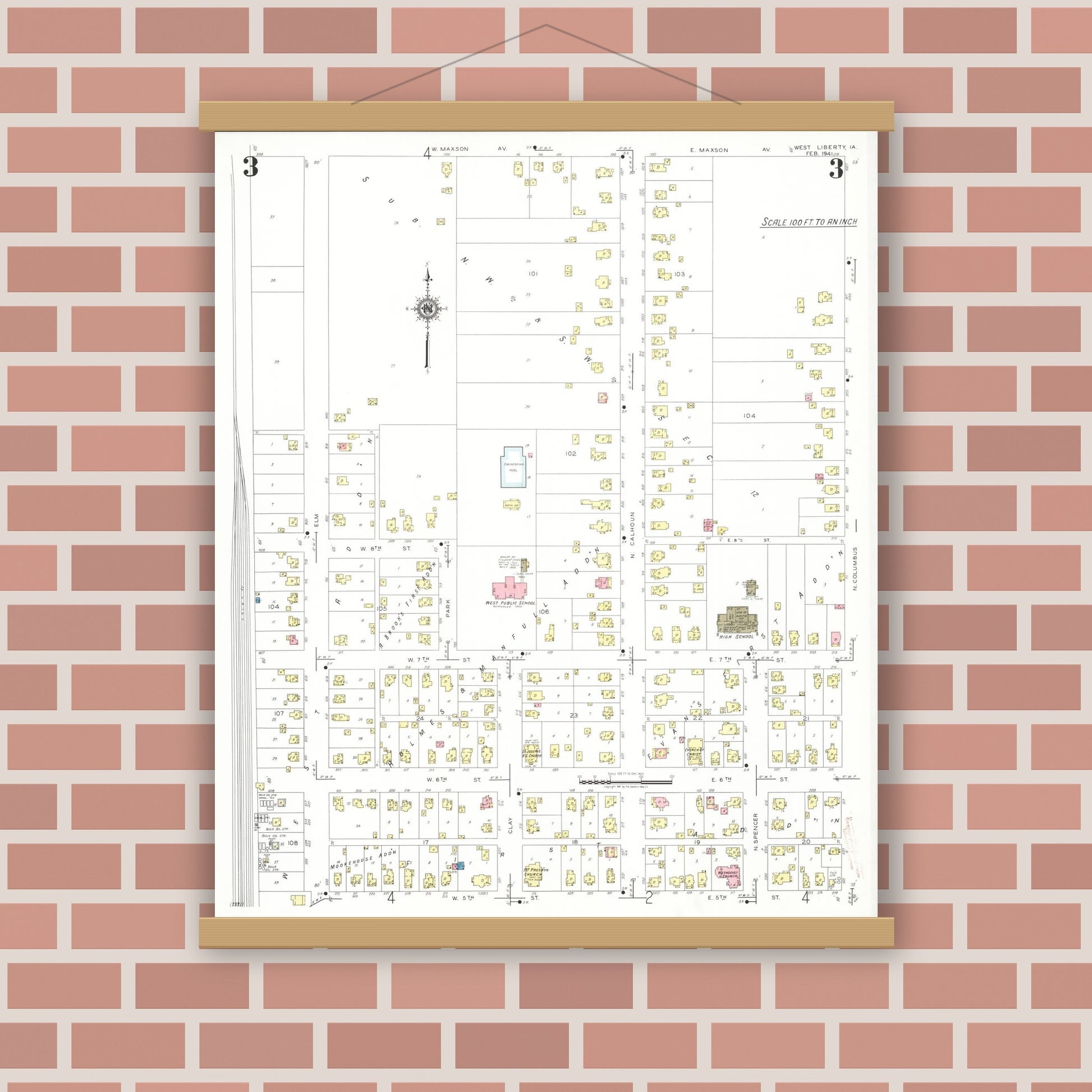 Old map wall art mockup — magnetic wood frame on brick wall — Sanborn Fire Insurance Map from West Liberty, Muscatine County, Iowa (1941), Sheet #0003