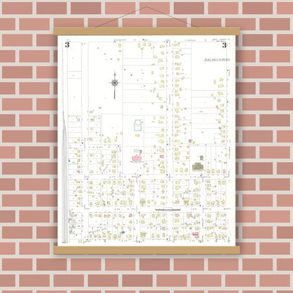 Old map wall art mockup — magnetic wood frame on brick wall — Sanborn Fire Insurance Map from West Liberty, Muscatine County, Iowa (1941), Sheet #0003