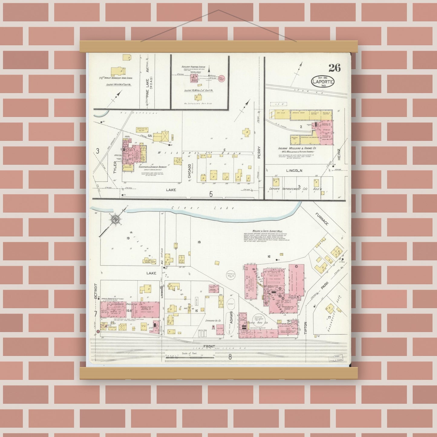 Old map wall art mockup — magnetic wood frame on brick wall — Sanborn Fire Insurance Map from La Porte, La Porte County, Indiana (1912), Sheet #0026