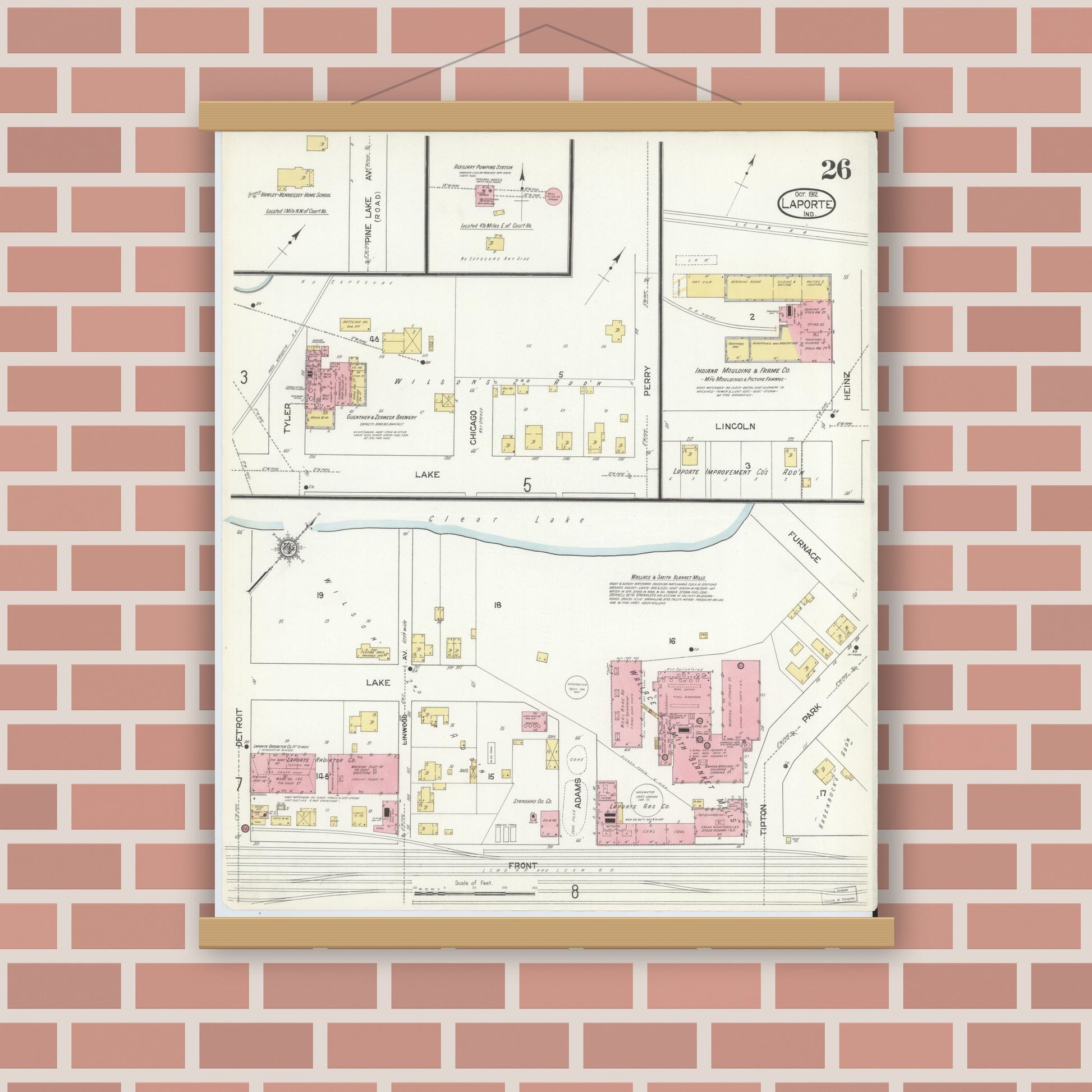 Old map wall art mockup — magnetic wood frame on brick wall — Sanborn Fire Insurance Map from La Porte, La Porte County, Indiana (1912), Sheet #0026