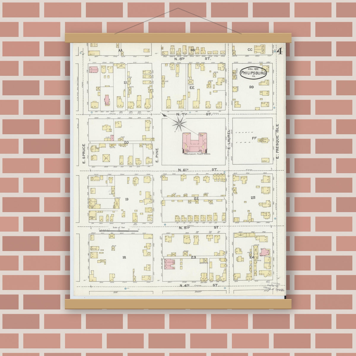 Old map wall art mockup — magnetic wood frame on brick wall — Sanborn Fire Insurance Map from Philipsburg, Centre County, Pennsylvania (1892), Sheet #0004