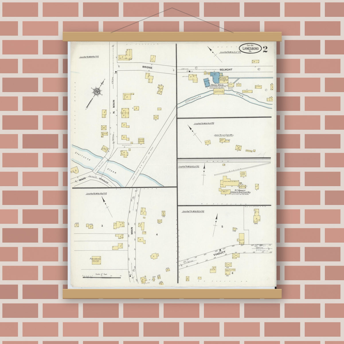 Old map wall art mockup — magnetic wood frame on brick wall — Sanborn Fire Insurance Map from Lanesboro, Susquehanna County, Pennsylvania (1911), Sheet #0002