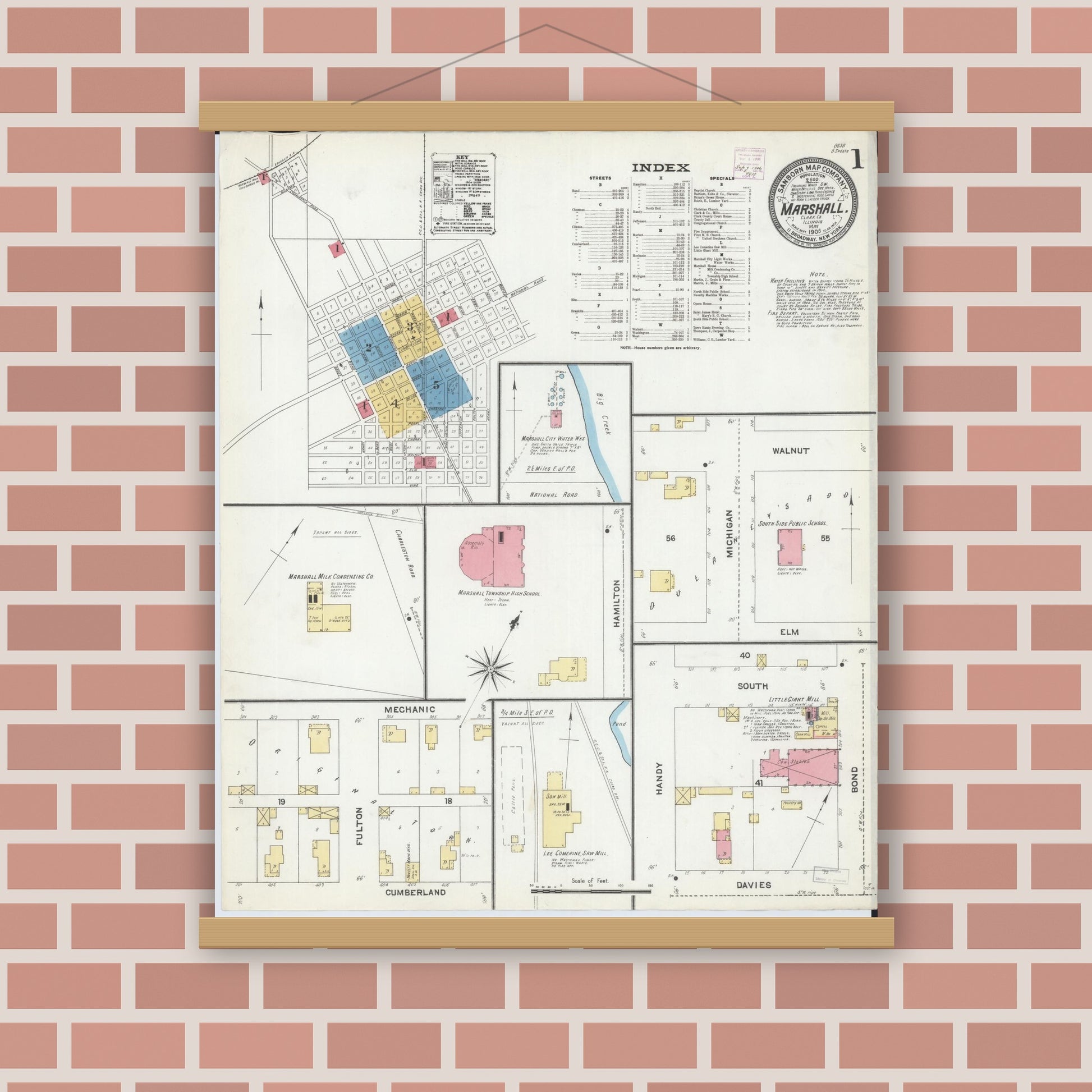 Old map wall art mockup — magnetic wood frame on brick wall — Sanborn Fire Insurance Map from Marshall, Clark County, Illinois (1906), Sheet #0001