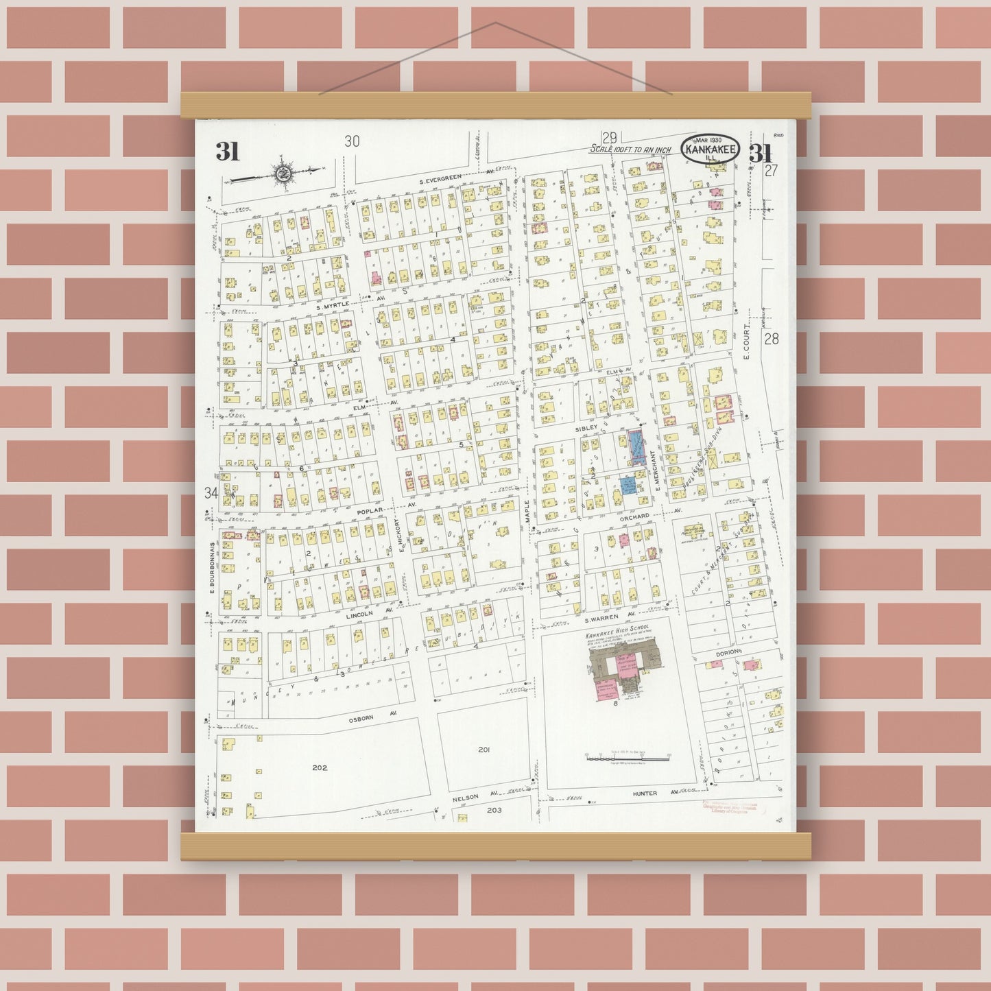 Old map wall art mockup — magnetic wood frame on brick wall — Sanborn Fire Insurance Map from Kankakee, Kankakee County, Illinois (1930), Sheet #0031