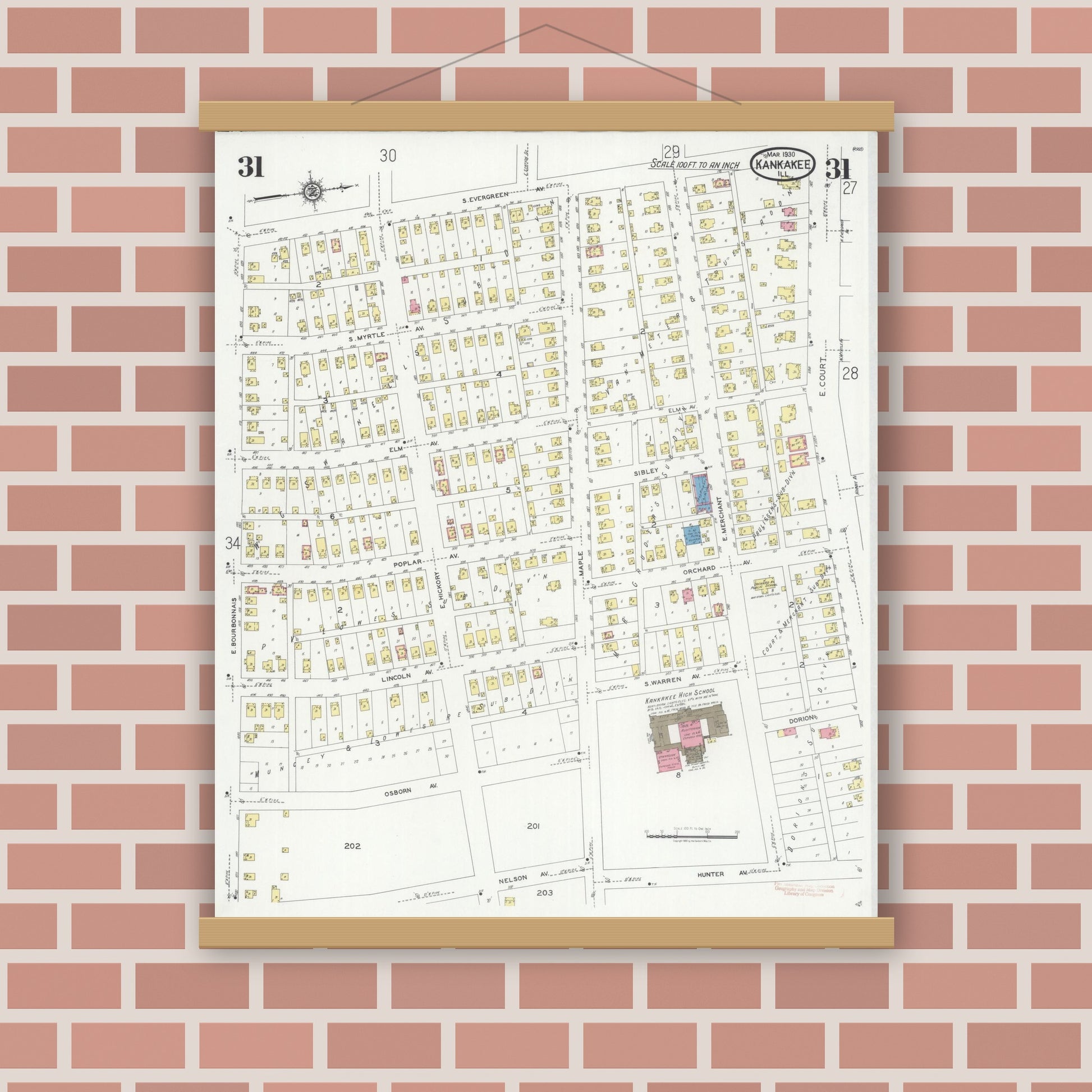 Old map wall art mockup — magnetic wood frame on brick wall — Sanborn Fire Insurance Map from Kankakee, Kankakee County, Illinois (1930), Sheet #0031