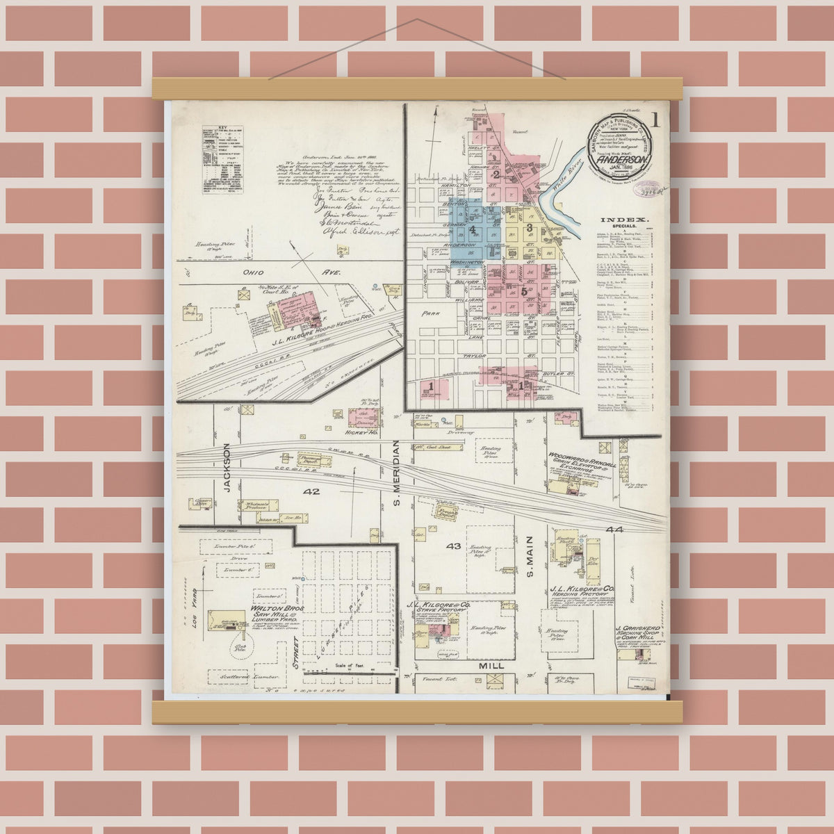 Old map wall art mockup — magnetic wood frame on brick wall — Sanborn Fire Insurance Map from Anderson, Madison County, Indiana (1886), Sheet #0001